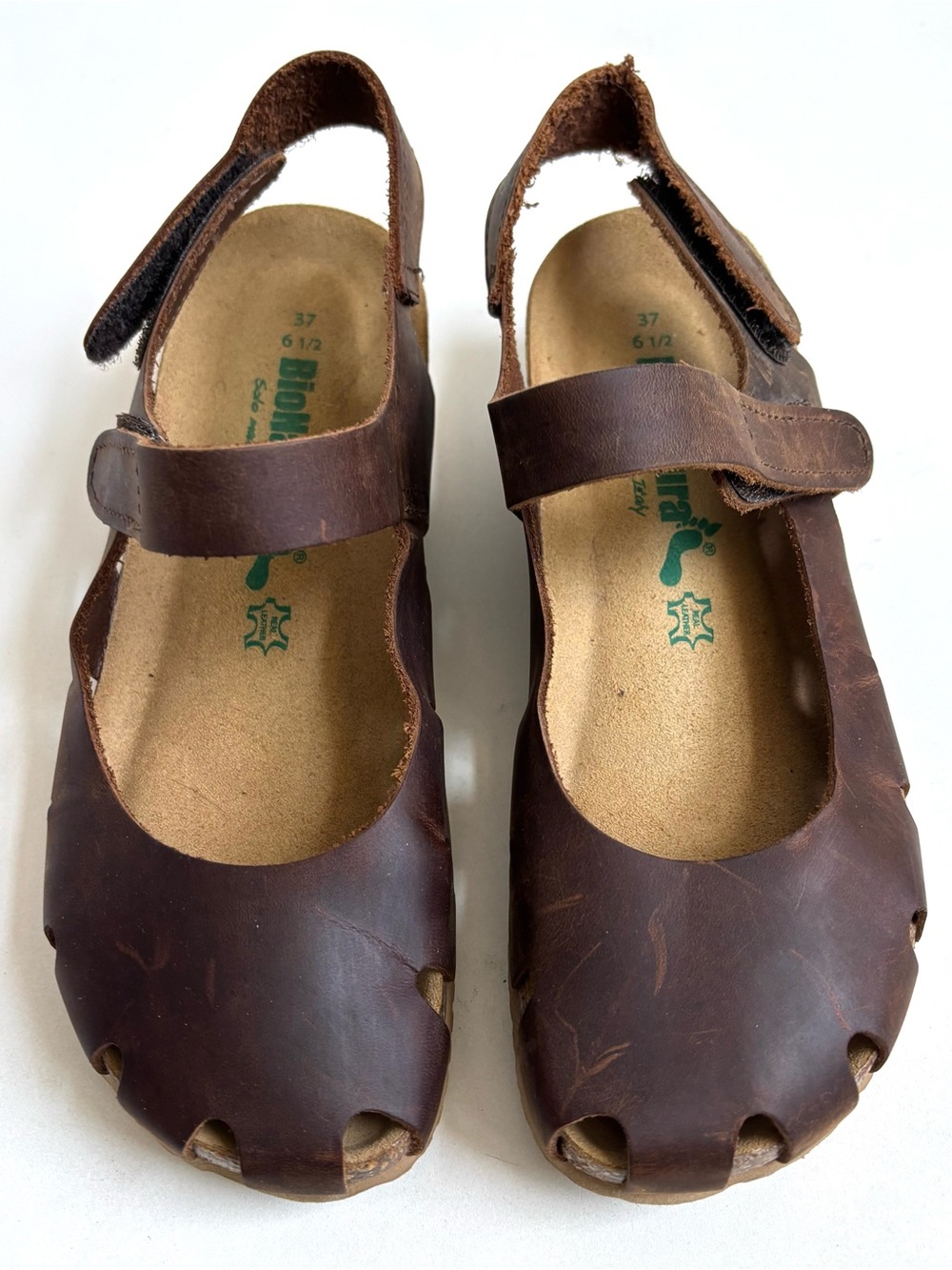 BioNatura SOLO Leather Mary Jane Slingback Wedge Sandals Size 7.5/37 Cork Brown